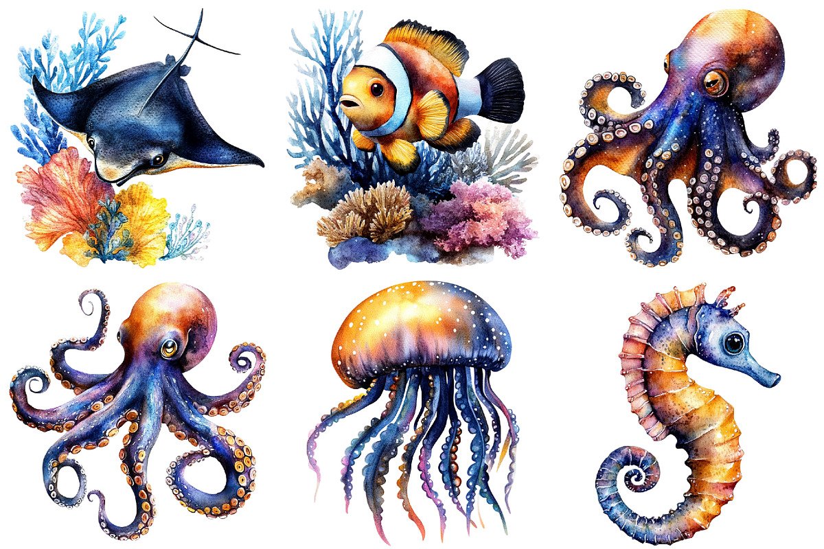 Watercolor Ocean Animals Clipart, an Illustration by Craft Nest (Photo 11 of 11)