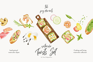 Toasts Set. Watercolor Food