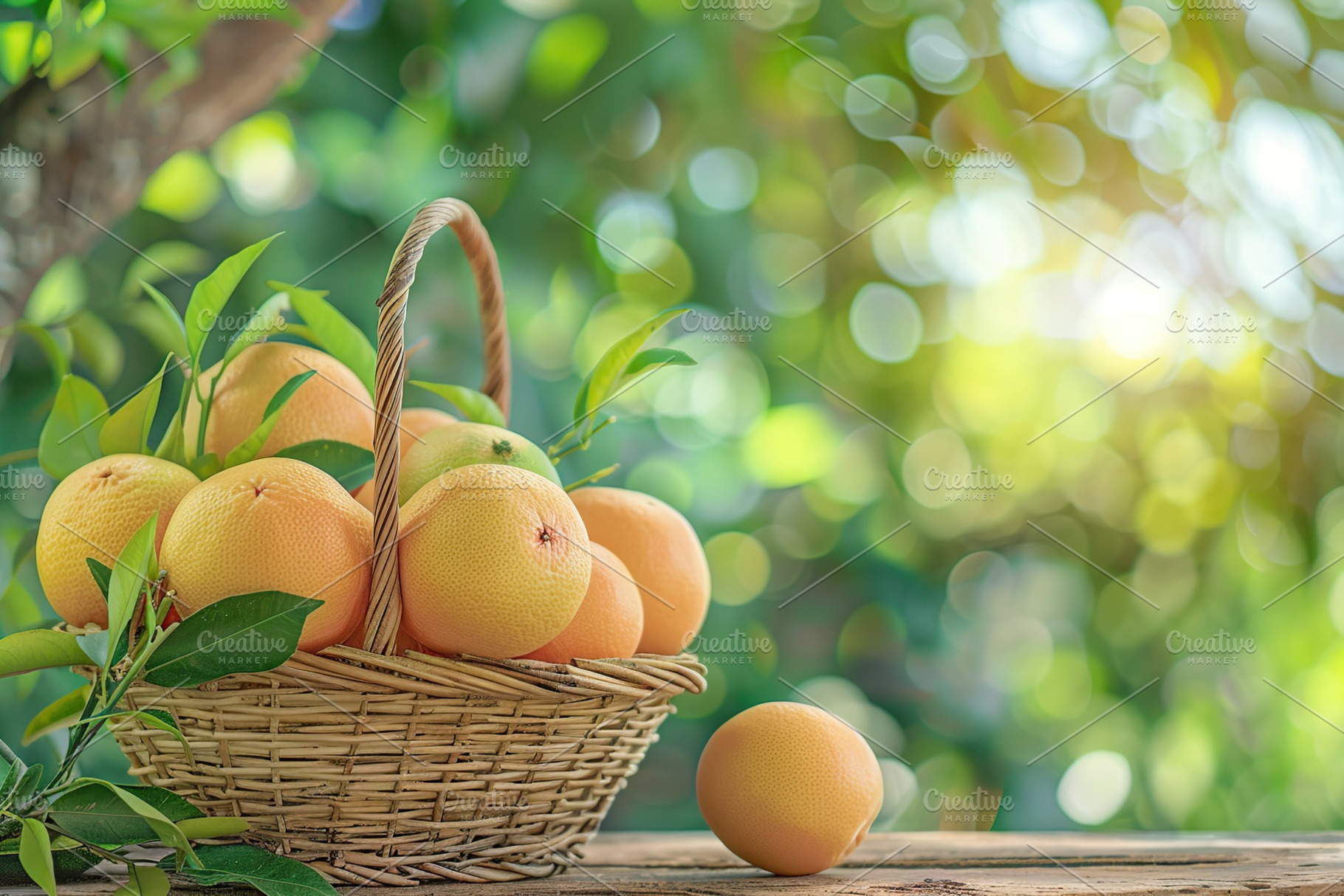 Fresh grapefruits in basket on blurred green background, a Food & Drink Photo by AlyaAnd