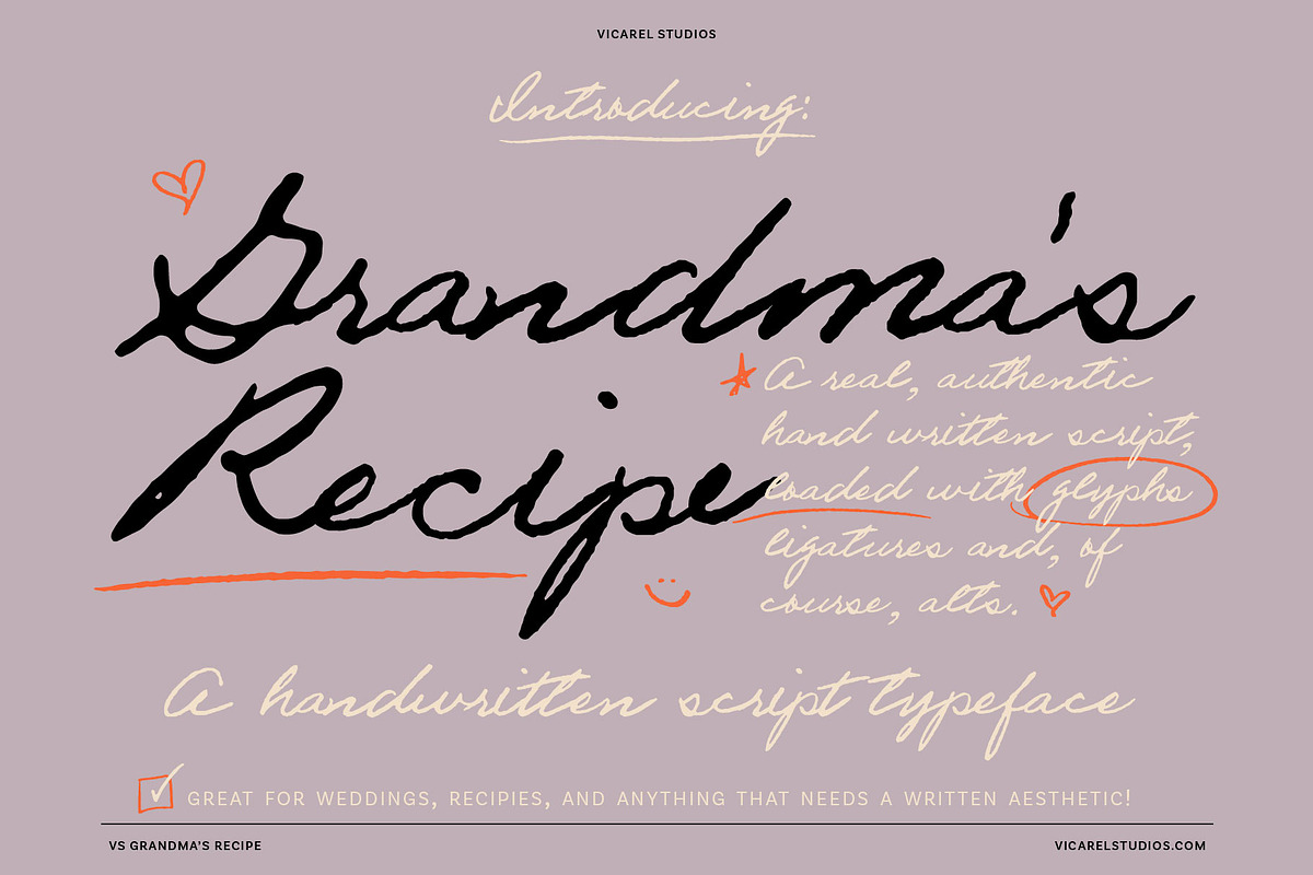 VS Grandma's Recipe Handwritten Font, a Script Font by Vicarel Studios (Photo 1 of 16)