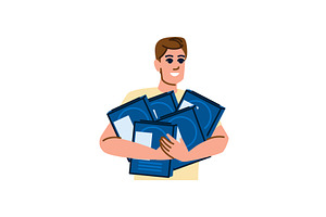 Young man holding many blue boxes, a Person Illustration by pikepicture