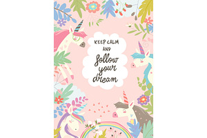 Cute Magic Frame Composed Of Unicorns And Flowers