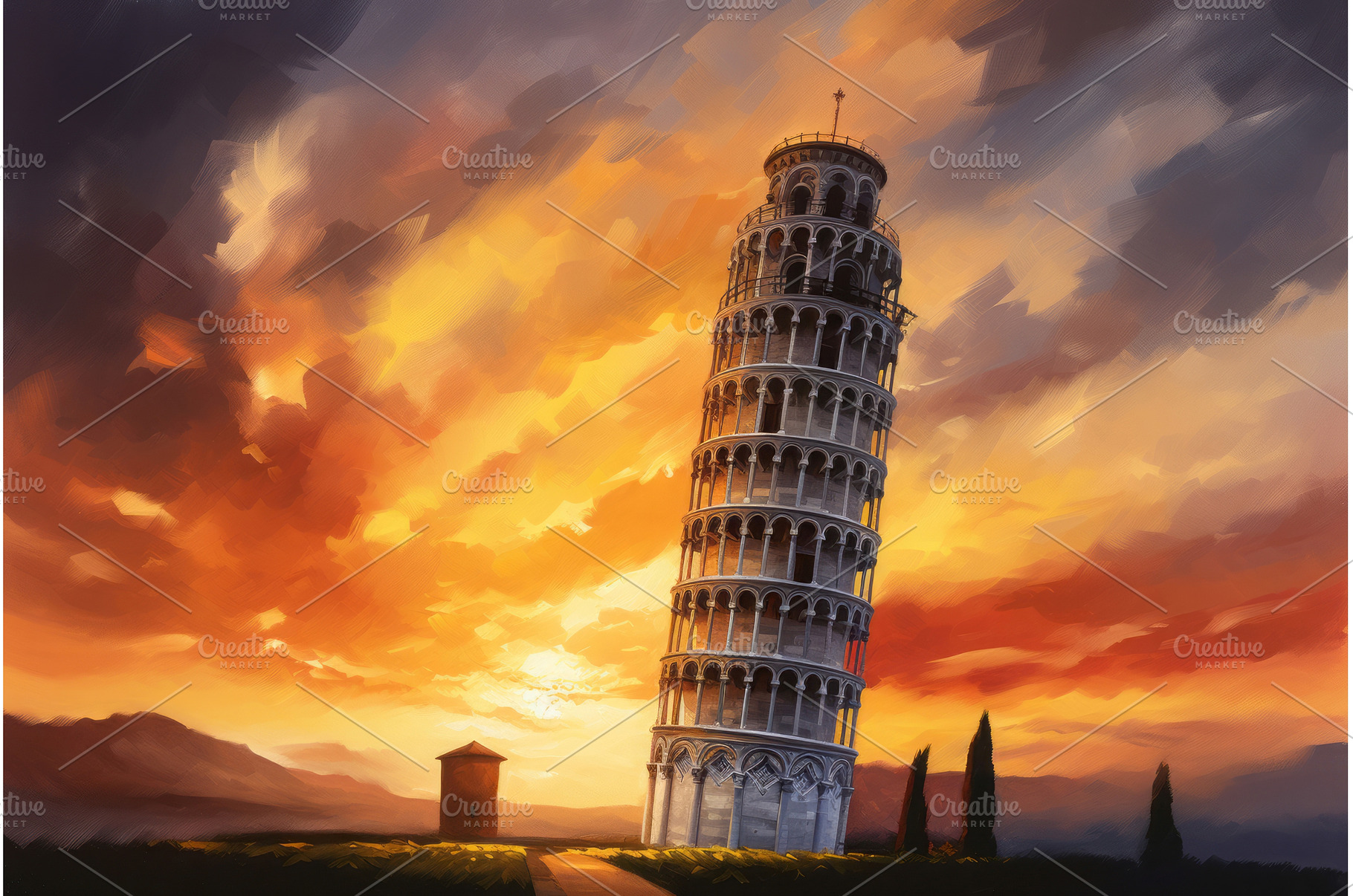 Pisa tower painting on fiery sky, an Architecture Photo by Ylivdesign