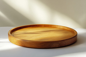 A beautifully crafted wooden tray with a smooth finish, elegantly set against a, a Background Photo by ImageMir
