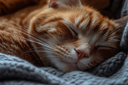 Cozy orange cat sleeping on blanket, an Animal Photo by Beautiful things