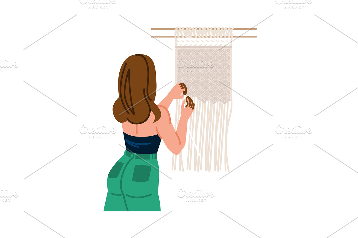 Woman making macrame wall hanging, an Illustration by pikepicture