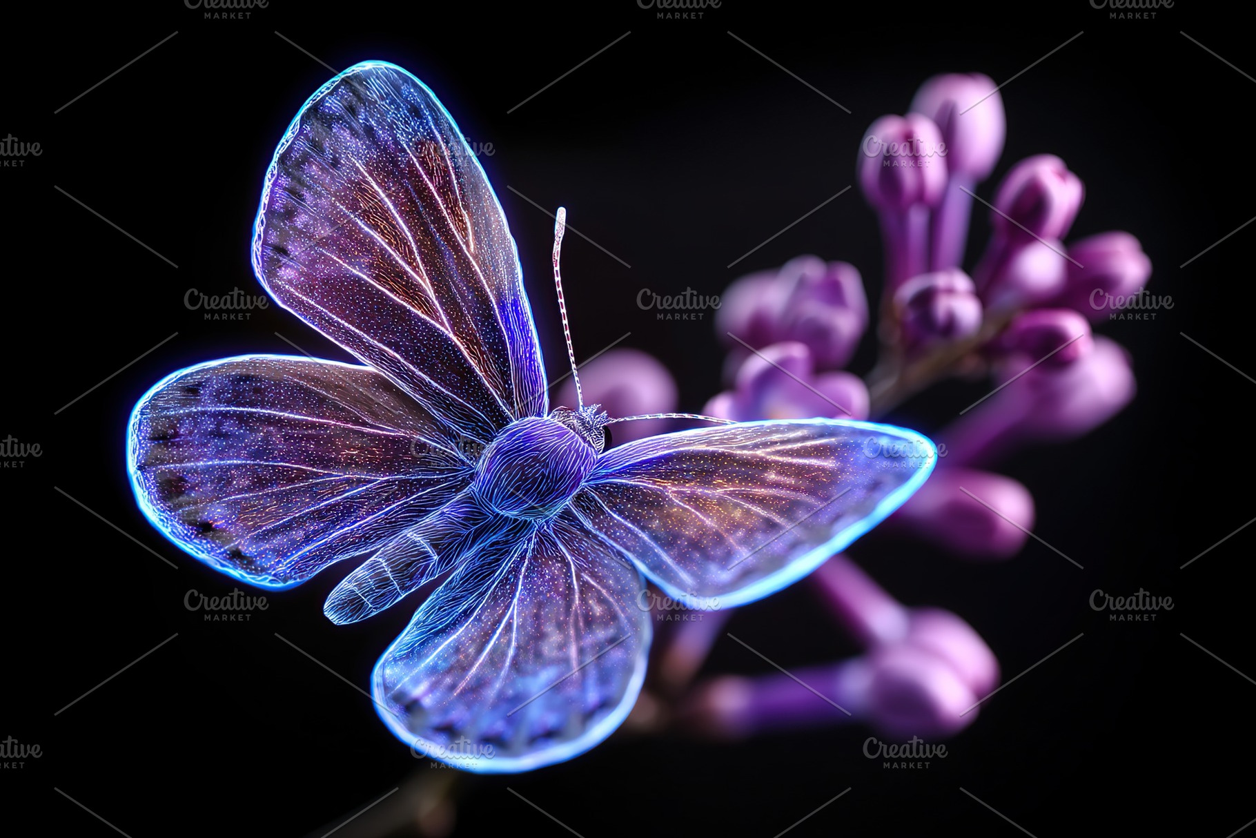 Colorful butterfly resting on purple flower with glowing effects during nightti, an Animal Photo by AlyaAnd