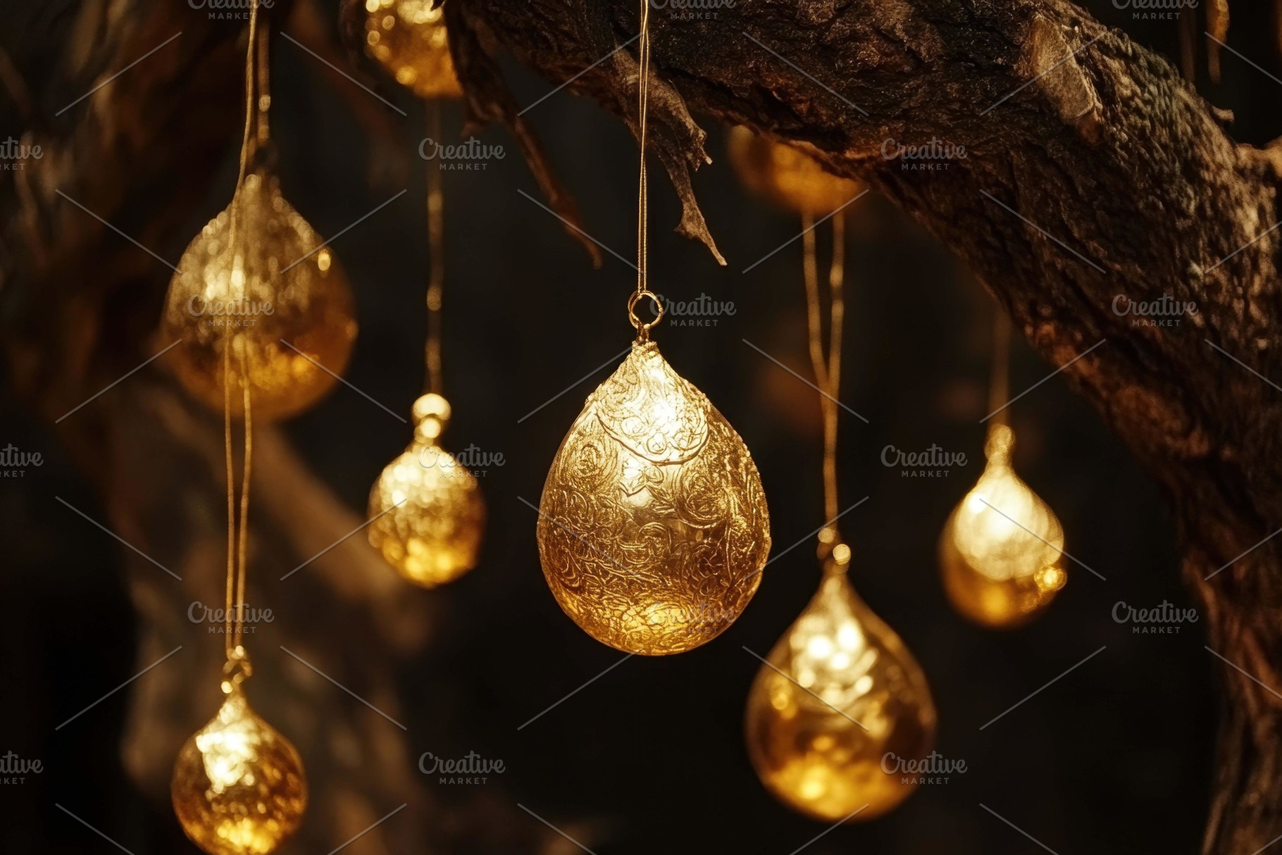 Golden decorative ornaments hanging, a Photo by Tanuart