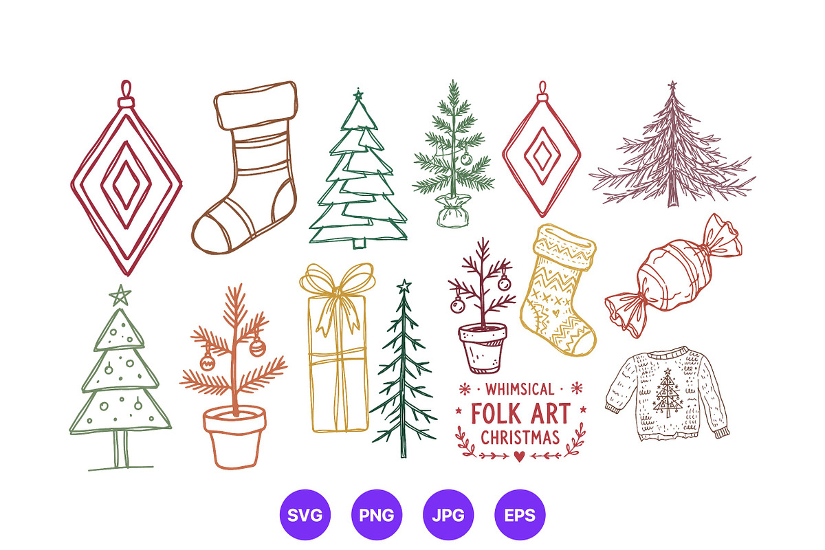 Christmas Hand Drawn Folk Art Set, a Seasonal Illustration by designvectx (Photo 6 of 10)
