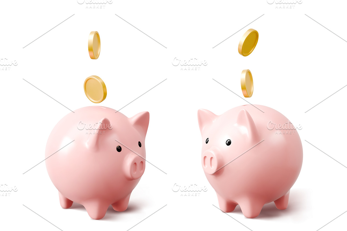 Pink 3d piggy banks with golden, an Object Illustration by art PVP - market