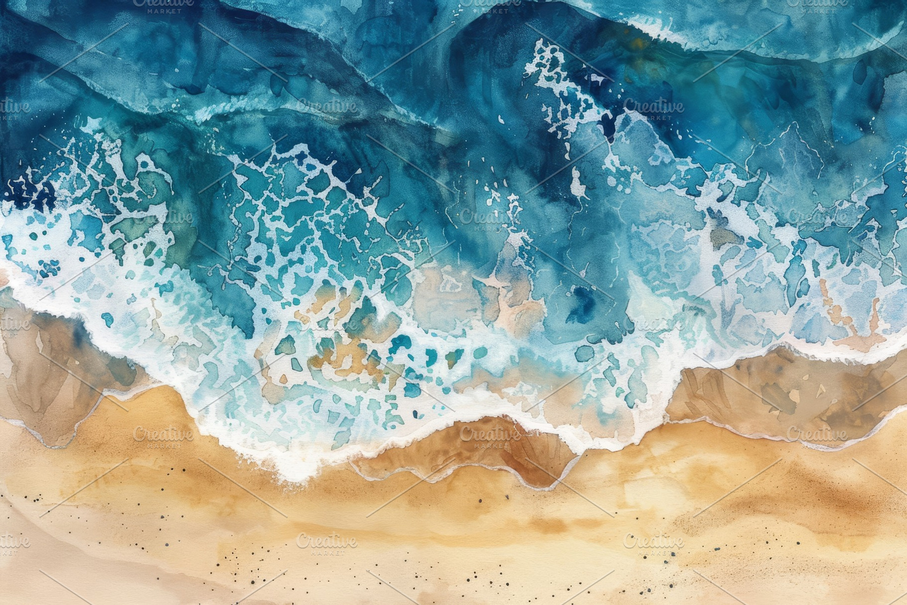 Waves crash softly on a sandy beach,, a Photo by Tanuart