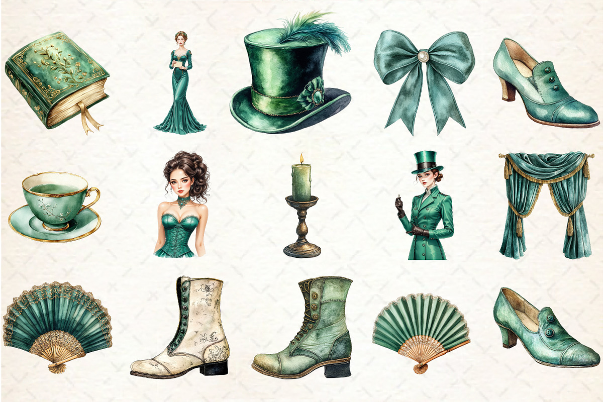 Watercolor Emerald Victorian Clipart, an Illustration by Rose Art (Photo 2 of 7)