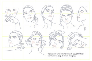 Line Illustrations Set Female Faces