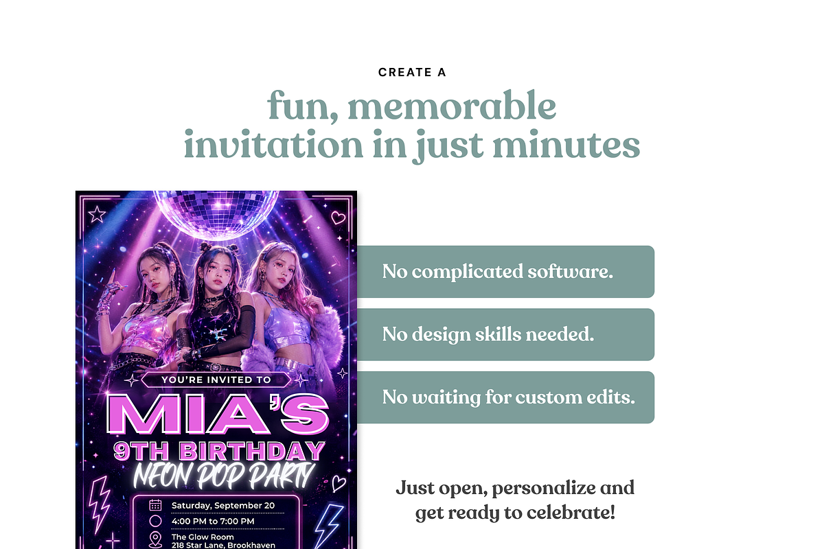 Neon Pop Girls Dance Party Invite, an Invitation Template by heynomi (Photo 14 of 19)
