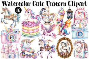 Watercolor Cute Unicorn Clipart, a Seasonal Illustration by CitraGraphics