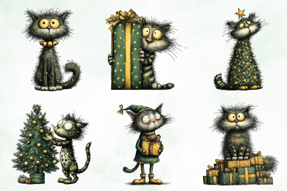 Whimsical Christmas Cats Clipart, an Illustration by Creative Art (Photo 7 of 10)