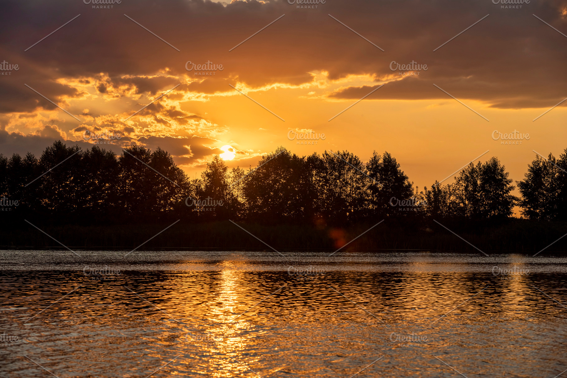 the lake with silhouetted trees, sunset on the lake shore with trees, landscape, a Photo by rsoollAI