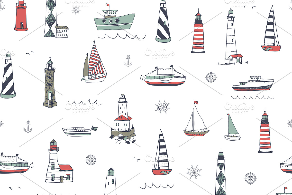 Boats + Lighthouses Sea Patterns Set, a Pattern Graphic by GooseFrol