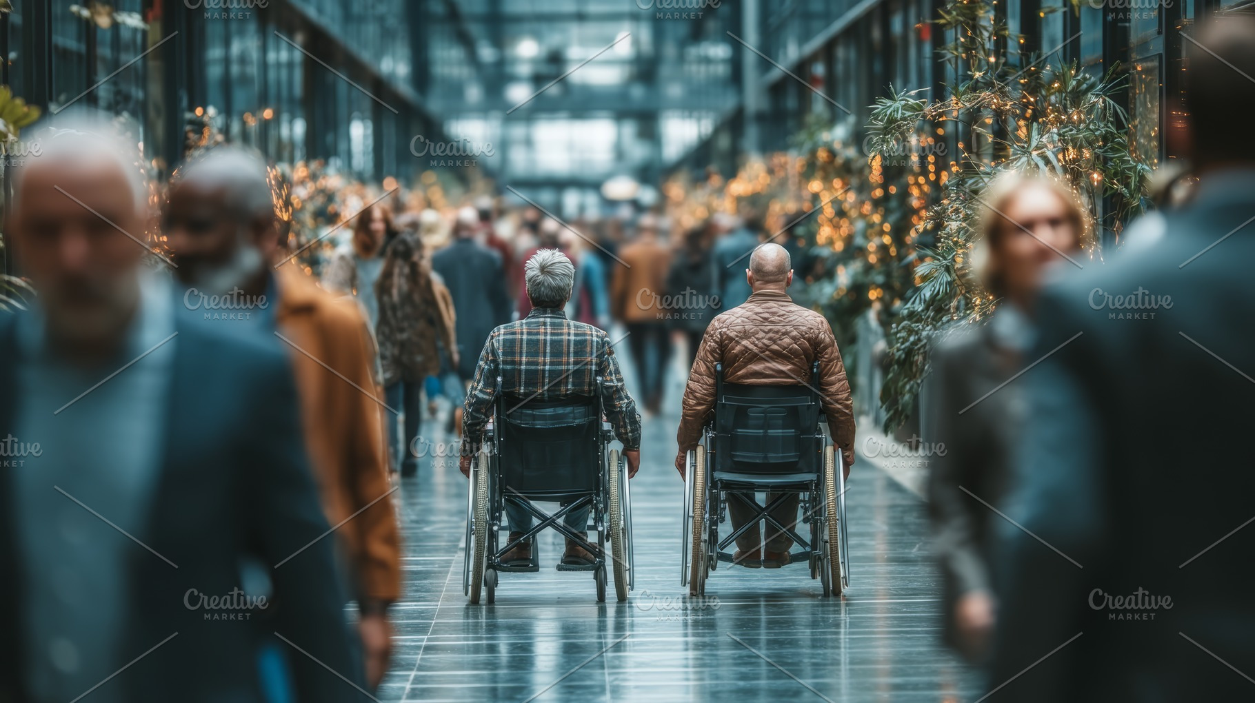Wheelchair users navigating a busy corridor amidst modern architecture interior, a Person Photo by AS photostudio