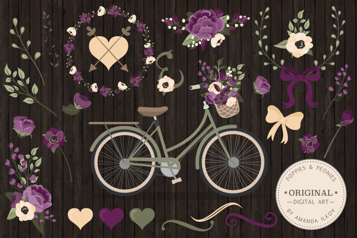 Deep Plum Floral Bicycle Vectors, an Illustration by Amanda Ilkov (Photo 2 of 5)