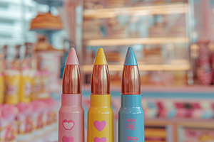 A colorful display of three oversized crayon-shaped lipsticks in pastel colors,, an Arts & Entertainment Photo by Textures & Backgrounds