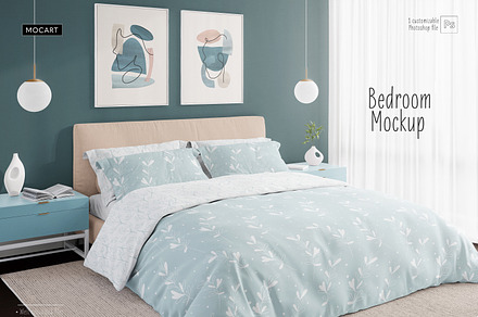 Bedroom Bedding and Wallpaper Mockup, a Household Mockup by Mocart