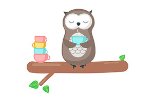 Owl with hot tea or coffee on branch, an Animal Illustration by SiberianArt