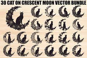 Cat on Crescent Moon Bundle, an Illustration by jahid234