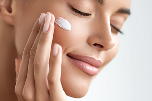 Woman gently applying face cream to, a Beauty & Fashion Photo by MistyDay