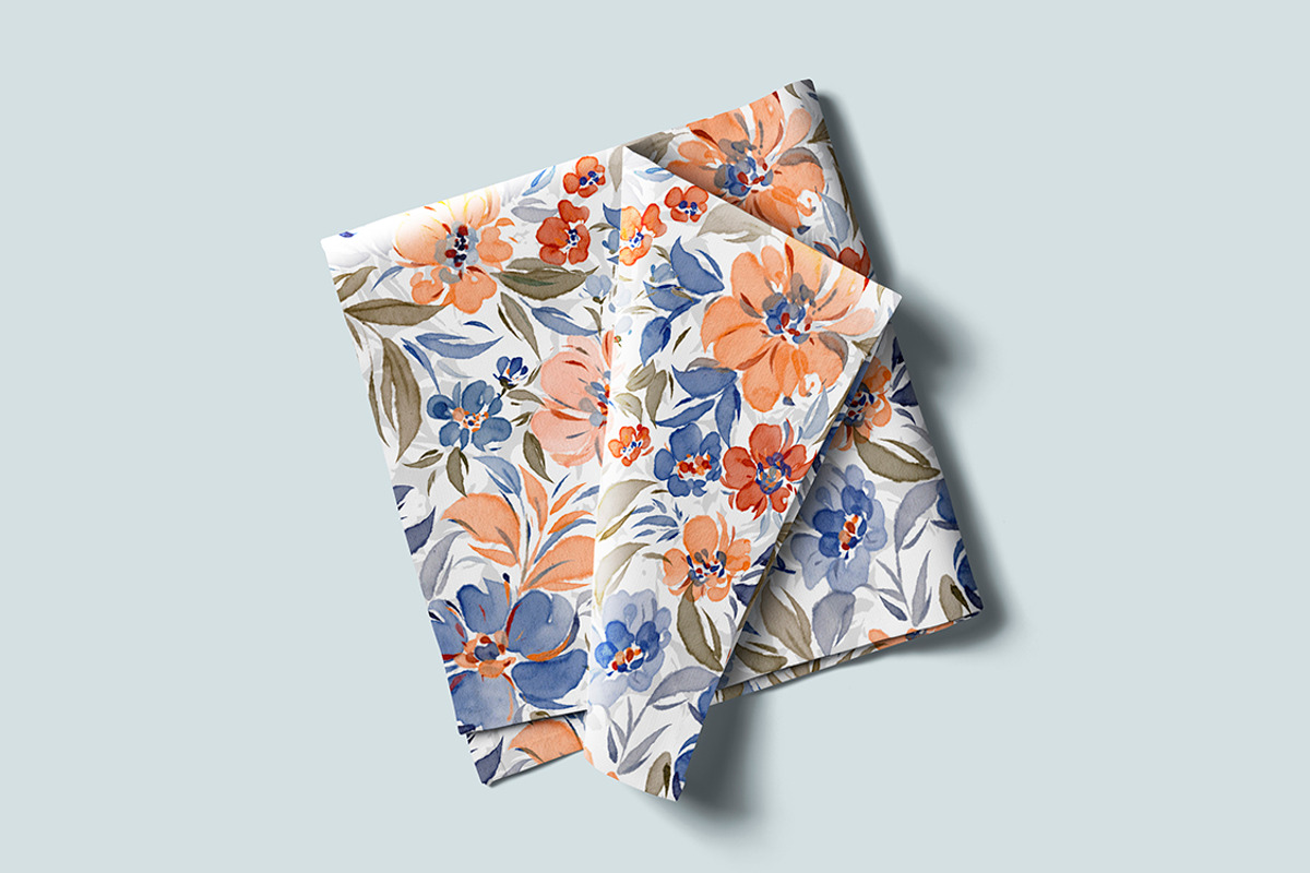 Peach & Blue Watercolor Florals, a Pattern Graphic by NancyDzines (Photo 2 of 3)