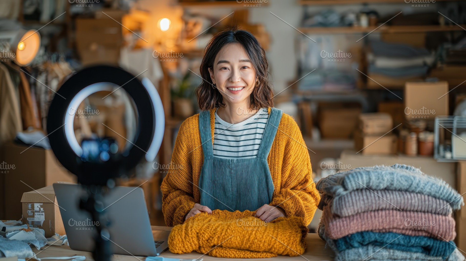 Happy woman selling knitwear online, a Photo by Pixeness Studio