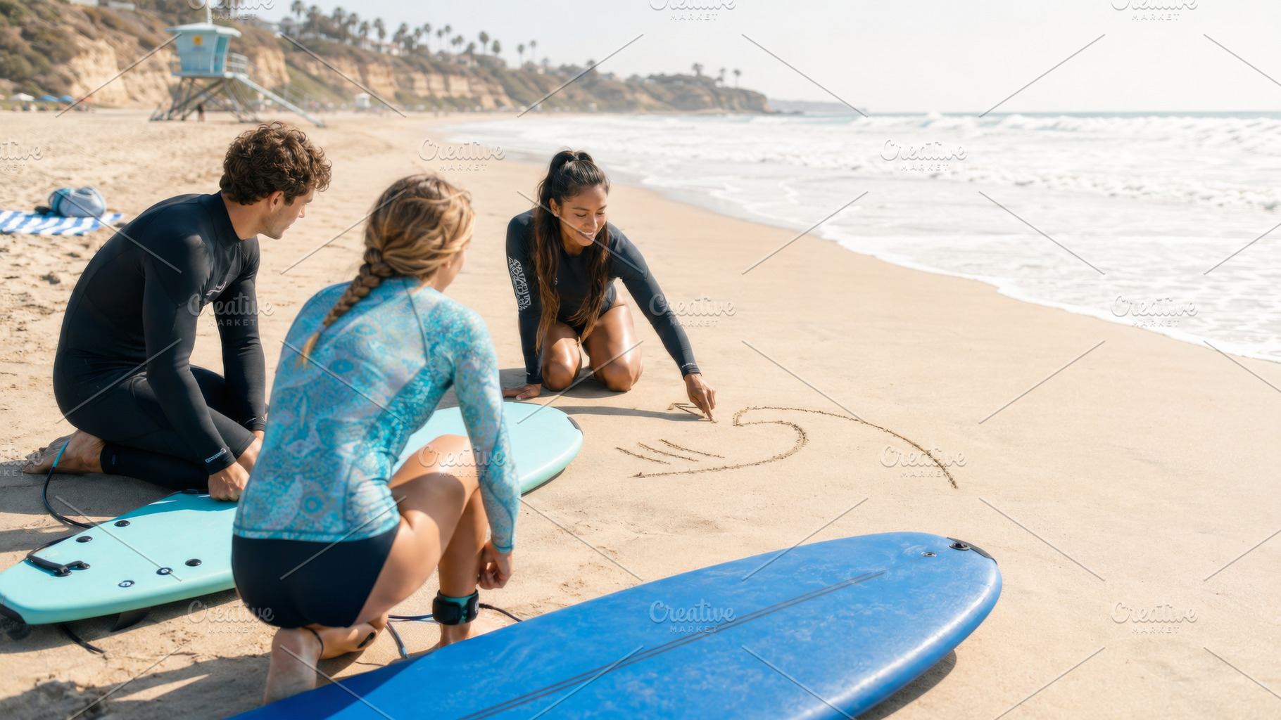 Surfers planning on sandy beach for, a Photo by Dvoevnore photos
