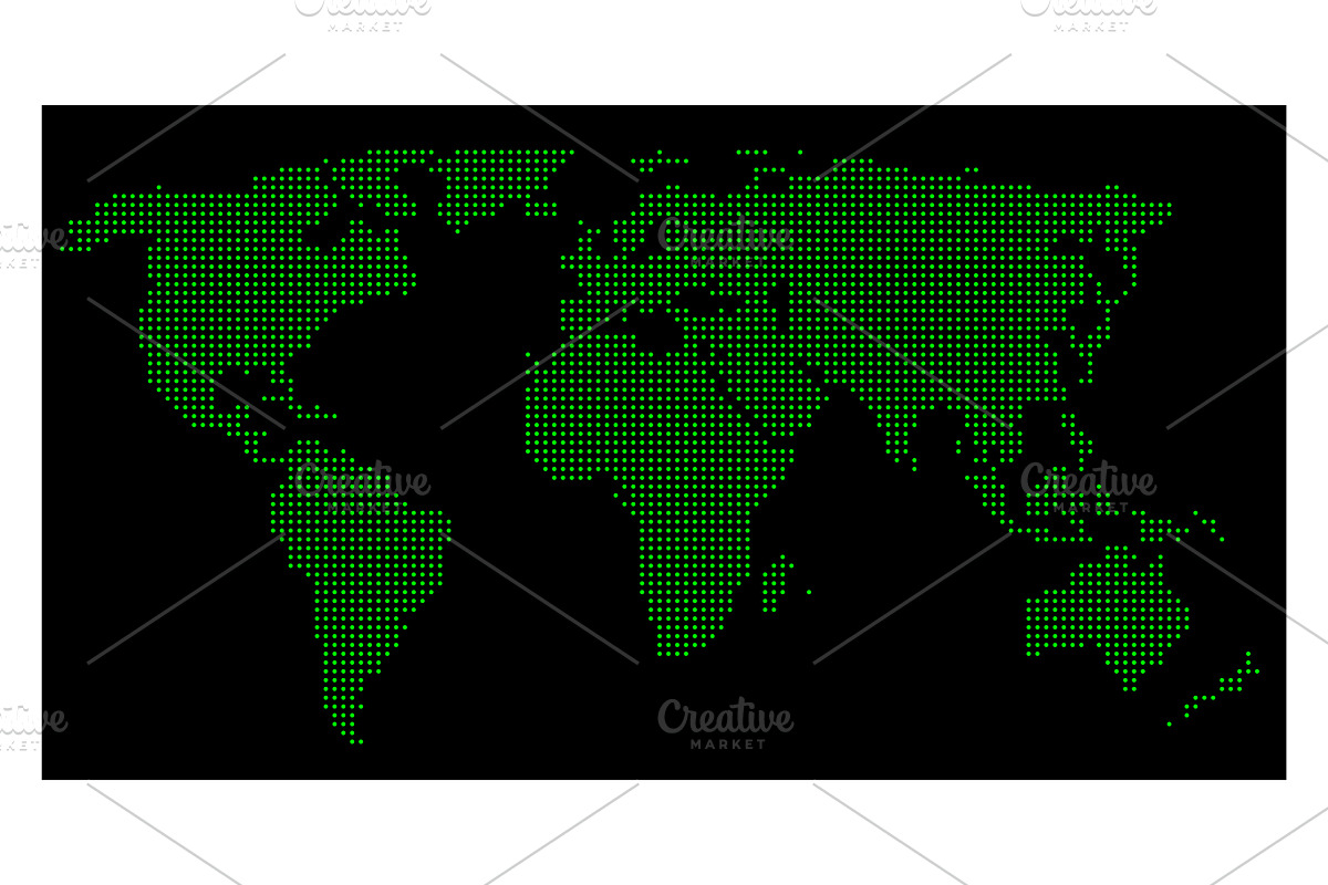 Green Dotted world map on a black, a Work Illustration by Sunny