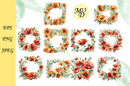 20 watercolor poppy flower frames