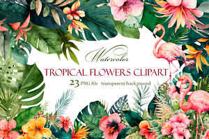 Tropical flowers clipart & Flamingo.