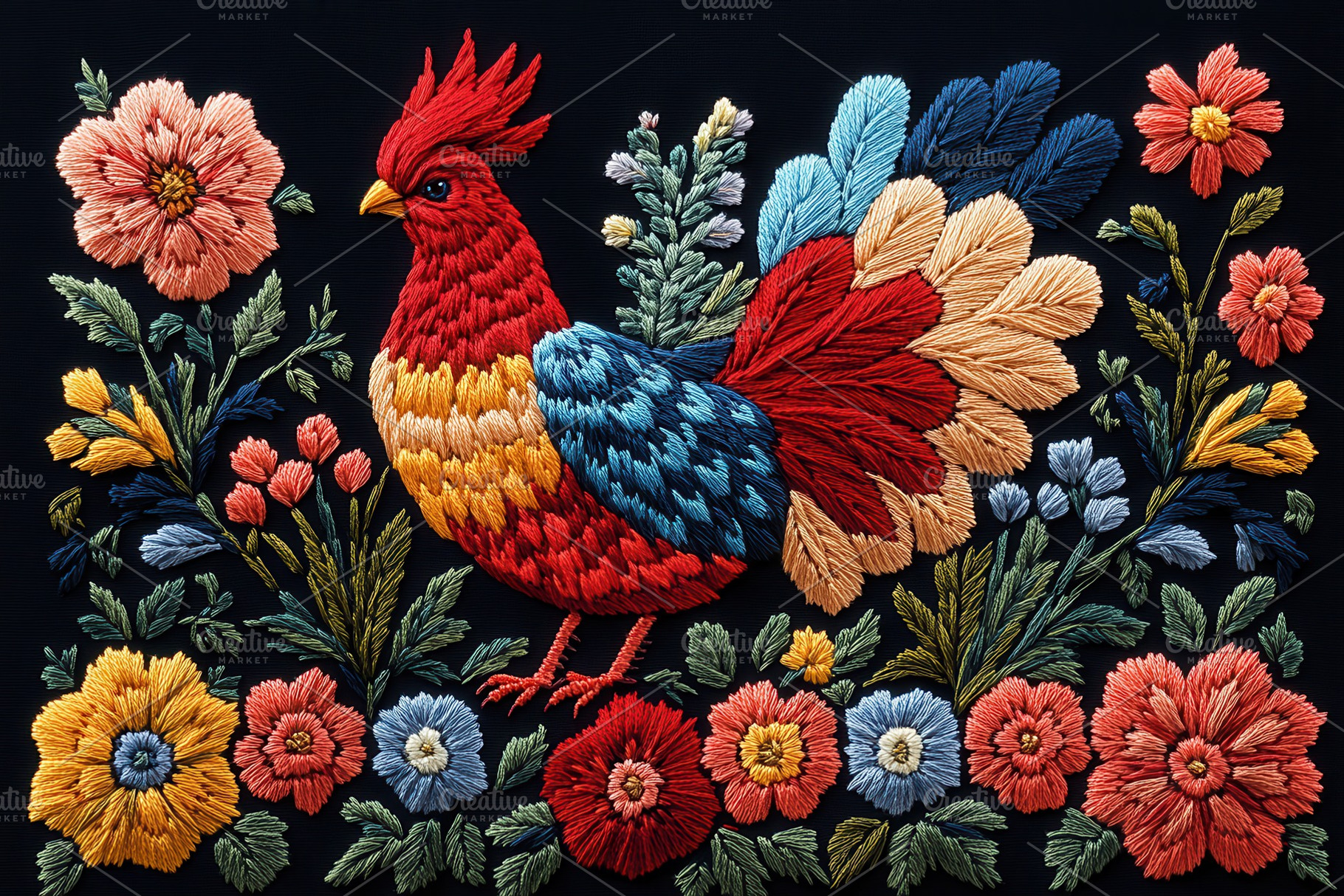 Colorful embroidered rooster surroun, a Photo by Tanuart