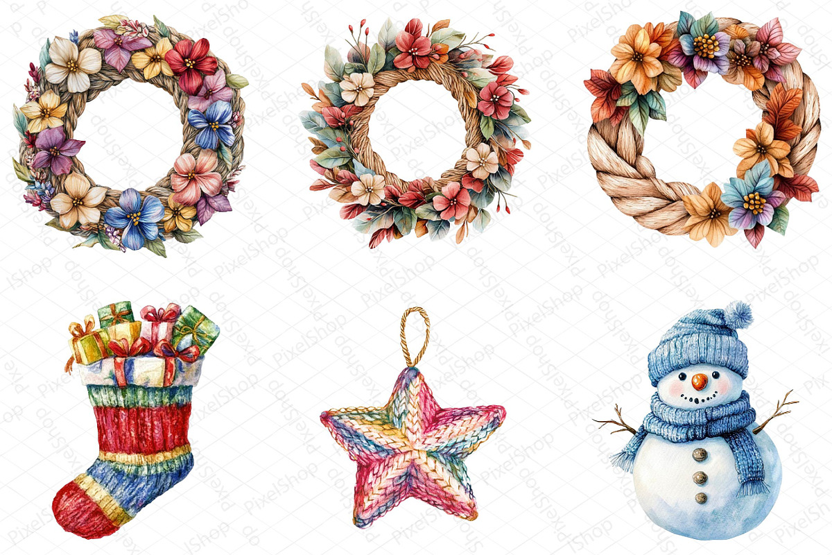 Watercolor Christmas Knitted Clipart, an Illustration by DreamPrint404 (Photo 3 of 6)