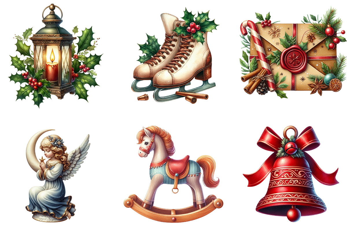 Watercolor Christmas Vintage Clipart, an Illustration by DreamArtGraphic (Photo 4 of 5)
