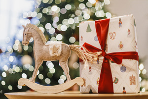 Happy New Year 2026 ! Christmas horse rustic toy and stylish chr, a Holiday Photo by Sonjachni