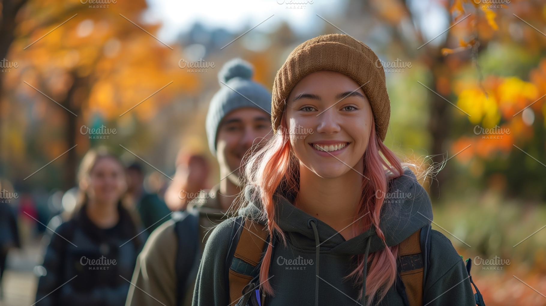 A young woman with pink hair and a brown beanie smiles brightly, surrounded by, a Person Photo by ImageMir