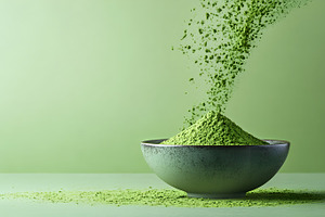 Green matcha powder falling into bow, a Food & Drink Photo by Photostock