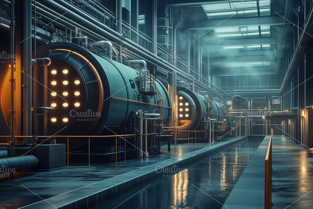 A modern industrial interior featuring large, cylindrical boilers with glowing, an Industrial Photo by Textures & Backgrounds (Photo 1 of 2)