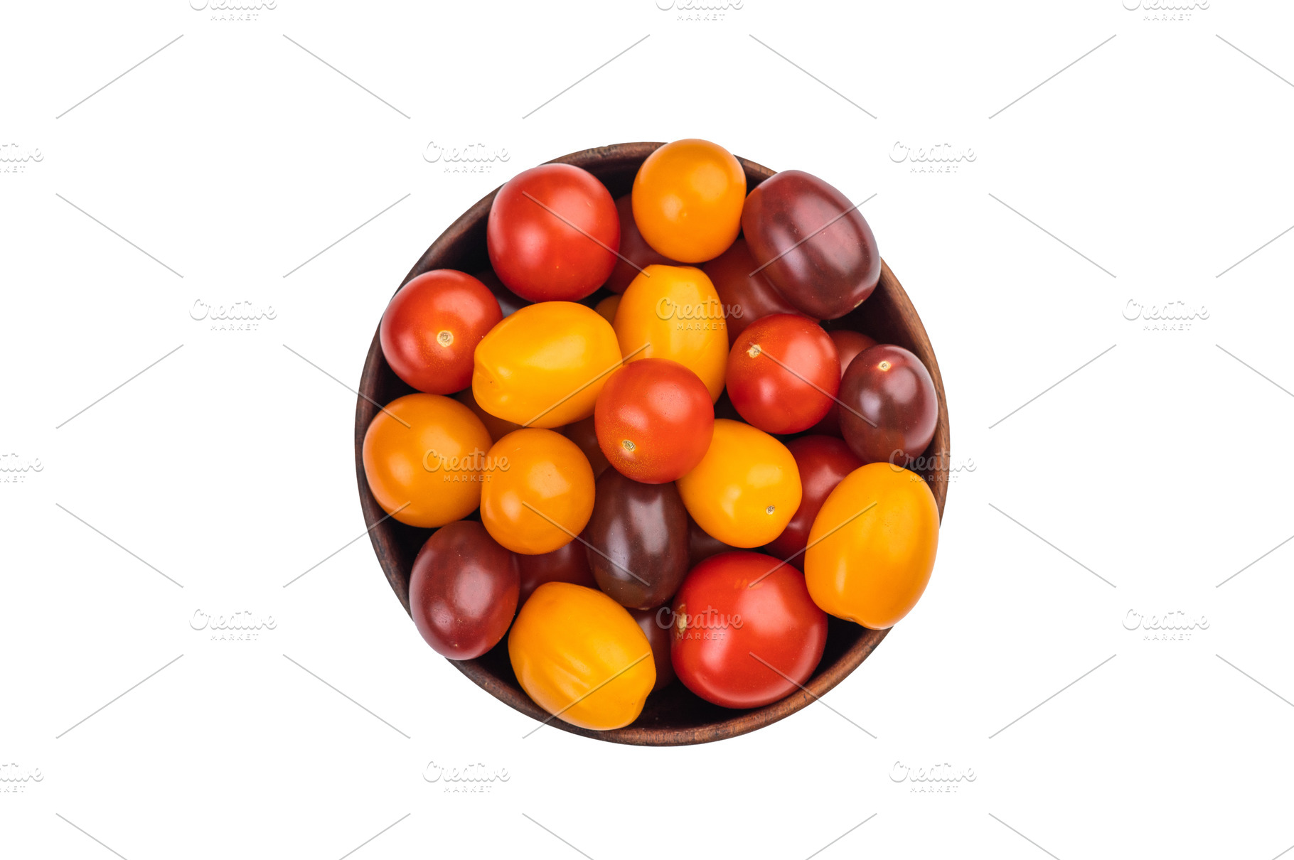 Colorful mix of heirloom cherry tomatoes in a wooden bowl shot o, a Food & Drink Photo by composter-box@mail.ru