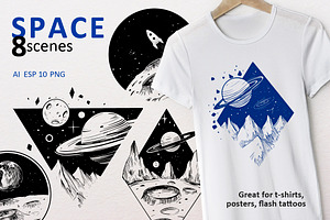Space scenes. Vector outline