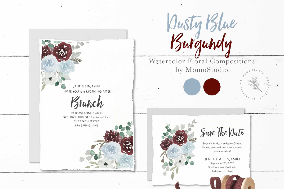 Dusty Blue and Burgundy Florals, a Work Illustration by Momo Studio (Photo 7 of 12)