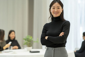 Confident businesswoman at a talk, a Photo by Beautiful things