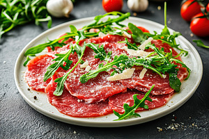 Beef carpaccio with fresh arugula served elegantly on a plate with garnishes, a Food & Drink Photo by AlyaAnd