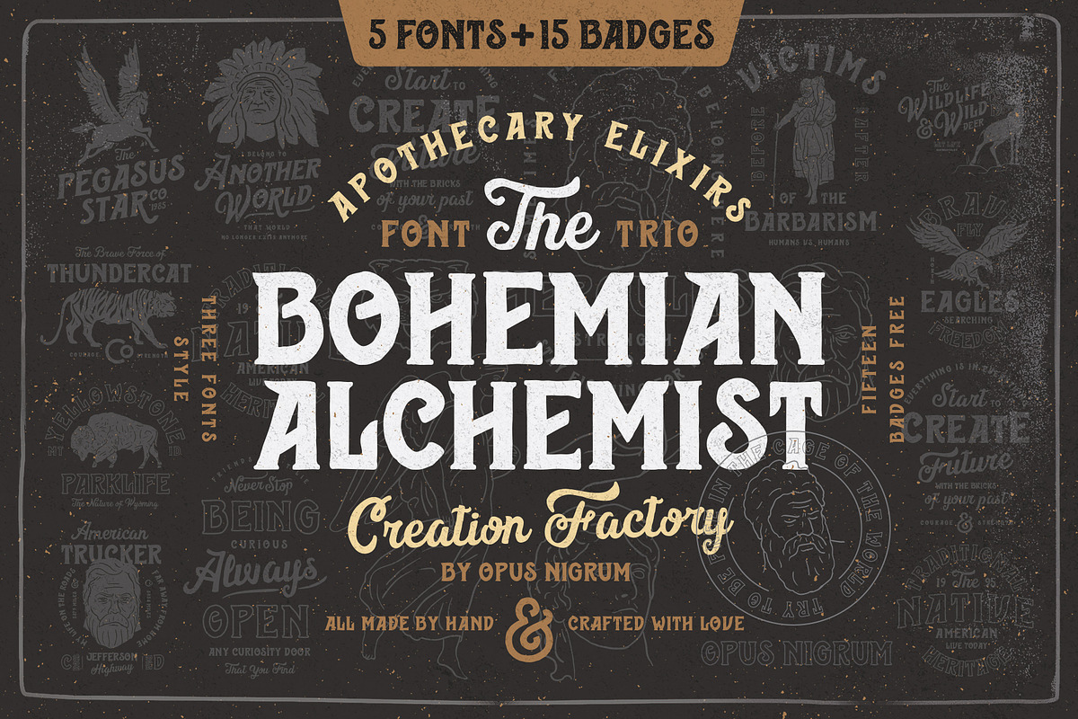Bohemian Alchemist 5 Font + 15 Badge