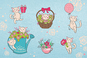Romantic set with cats and flowers, a Texture Illustration by MalniArt (Thumbnail 2 of 9)