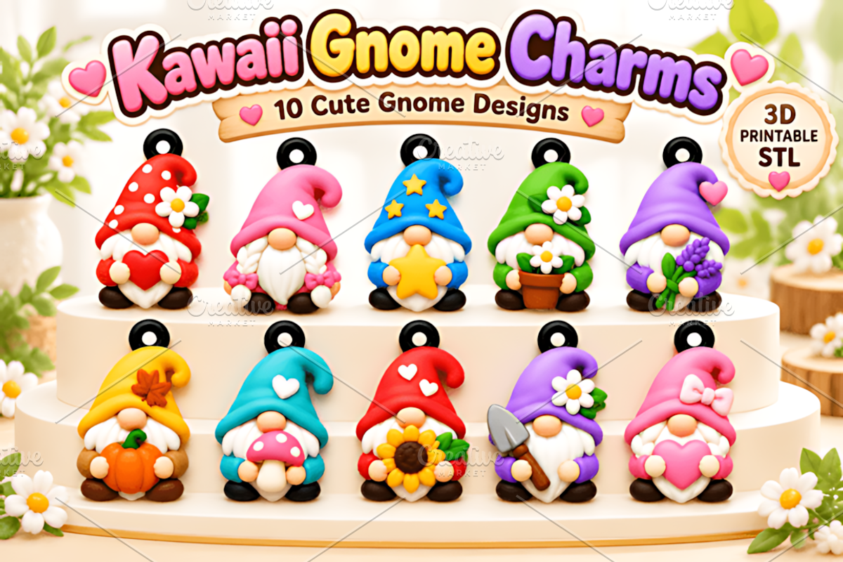 Kawaii Gnome Charms STL 3D Print Set, a Characters & Person 3D Model by Design Station (Photo 1 of 3)